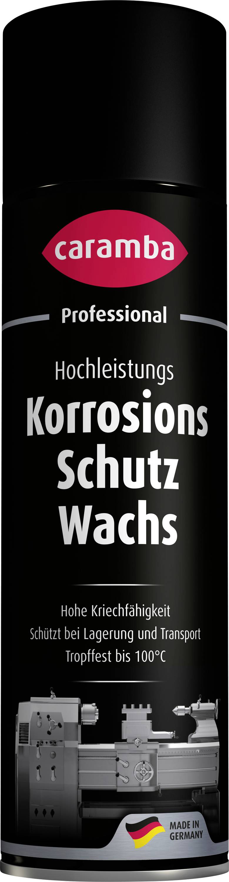 Bidon professionnel Black Caramba étiqueté Hochleistungs Korrosions Schutz Wachs, cire de protection contre la corrosion à très haute viscosité, avec graphique de machine et badge Made in Germany.