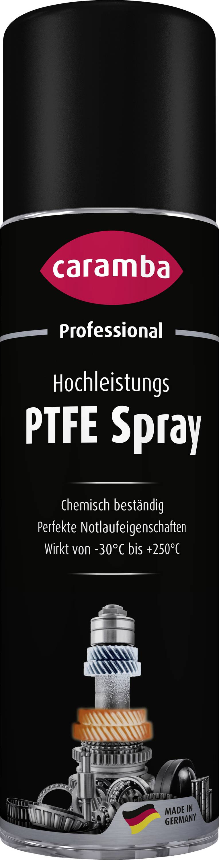 Bombe de spray PTFE Caramba Professional, étiquetée « Spray PTFE Haute Performance » avec résistance chimique, plage de température et graphique de pièces moteur.