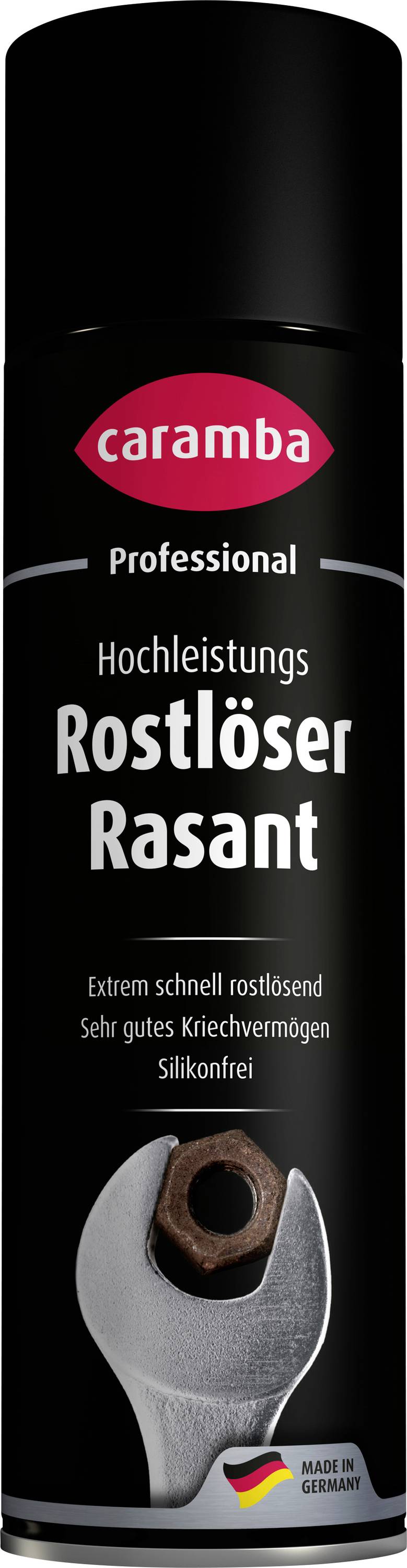 Boîte noire de Caramba Professional Hochleistungs Rostlöser Rasant, un dégrippant anti-rouille à action rapide, avec un graphique de clé et une étiquette « Made in Germany ».