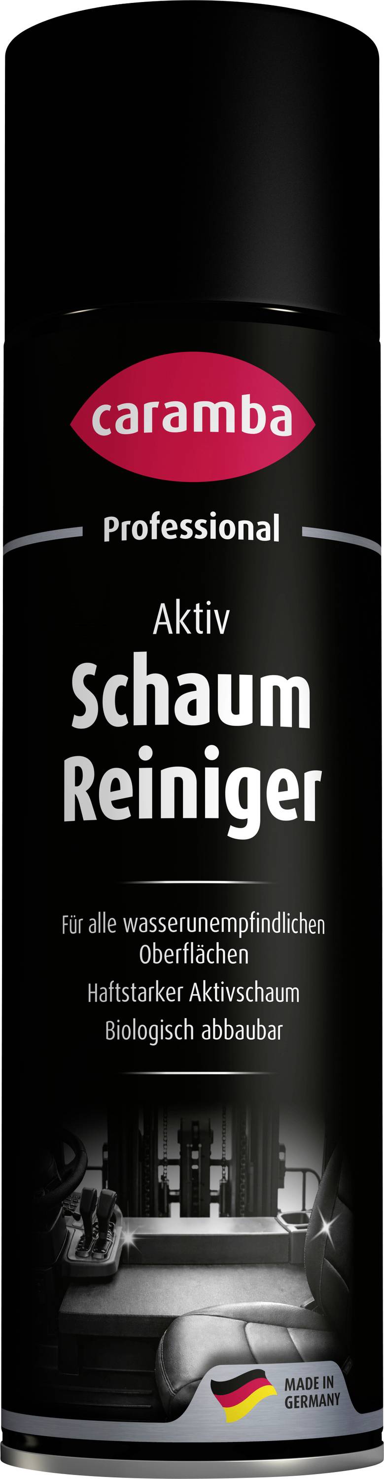 Bombe aérosol noire étiquetée « caramba Professional Aktiv Schaum Reiniger », un nettoyant moussant pour surfaces lavables et dégraissantes ; fabriqué en Allemagne.