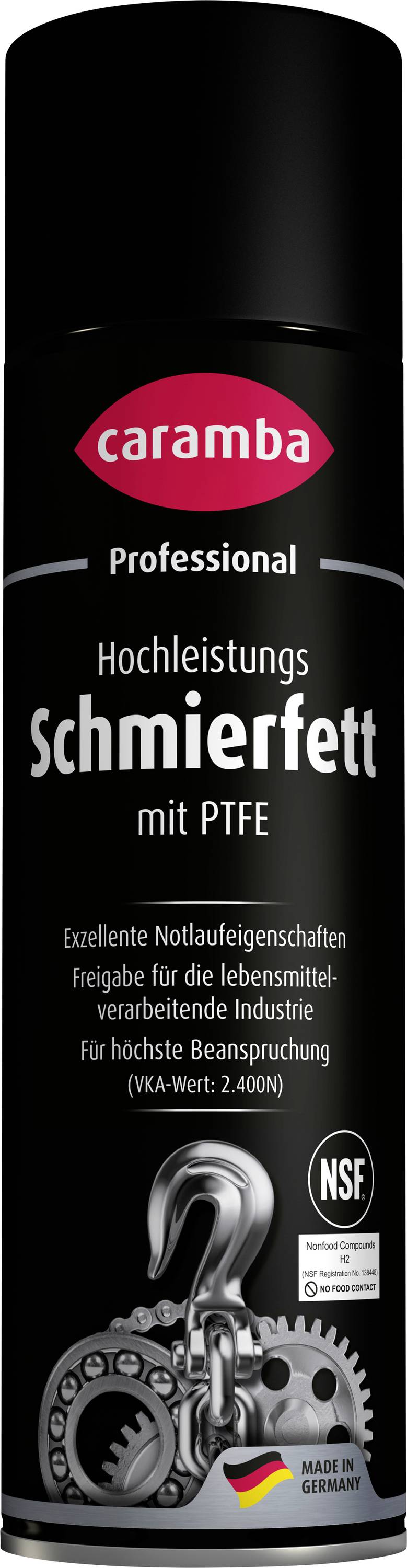 Black Caramba Professional high-performance lubricant spray can labeled 'Schmierfett mit PTFE' with gear and chain graphic.
