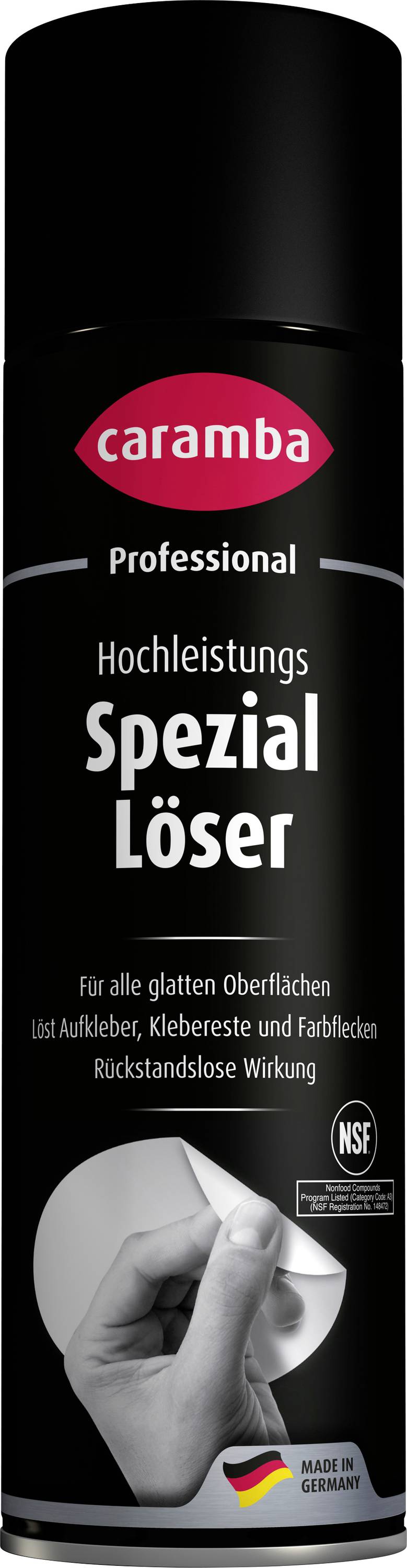 Black aerosol can of caramba 'Professional Hochleistungs Spezial Löser' cleaner, shown upright on a white background with a hand icon near the bottom.