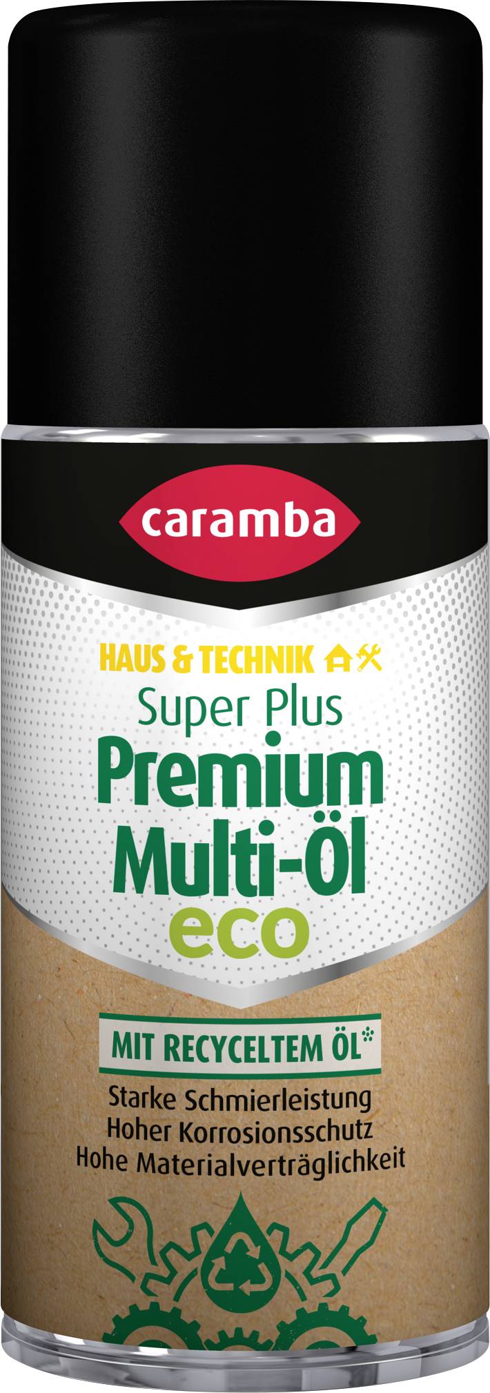 Caramba Super Plus Premium Multi-Öl spray écologique en bidon avec étiquette d'huile recyclée, bouchon noir et texte allemand pour la protection contre la rouille et les performances élevées.