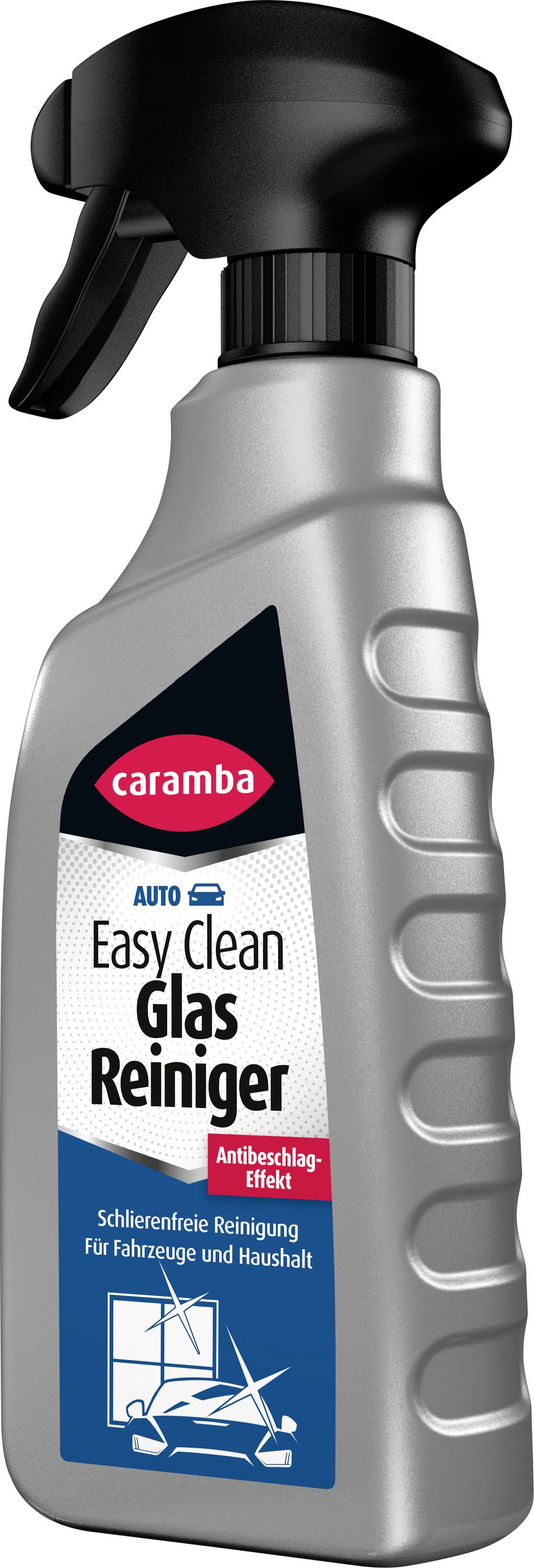 Flacon de spray gris Caramba « Auto Easy Clean Glas Reiniger » nettoyant pour vitres, avec gâchette noire et étiquette rouge.