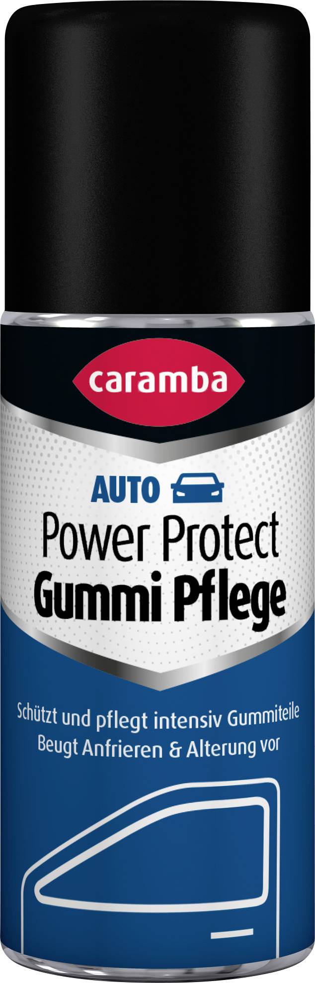Une boîte de nettoyant spray Caramba Auto Power Protect Gummi Pflege avec un bouchon noir, montré debout sur un fond blanc.