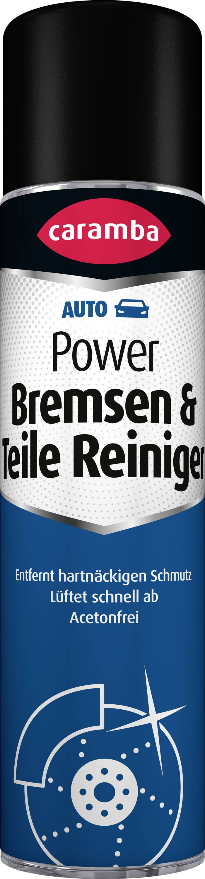 Spray en boîte de nettoyant pour freins et pièces Caramba Auto Power, avec le nom du produit et un graphique de disque de frein sur l'étiquette inférieure bleue.
