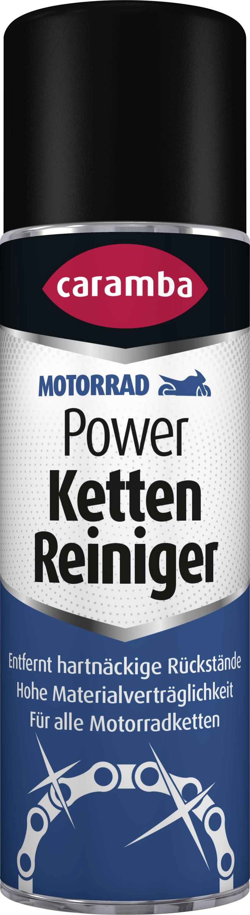 Bombe aérosol de nettoyant chaîne Caramba étiquetée « Motorrad Power Ketten Reiniger » pour enlever les résidus tenaces sur toutes les chaînes de motocyclette.