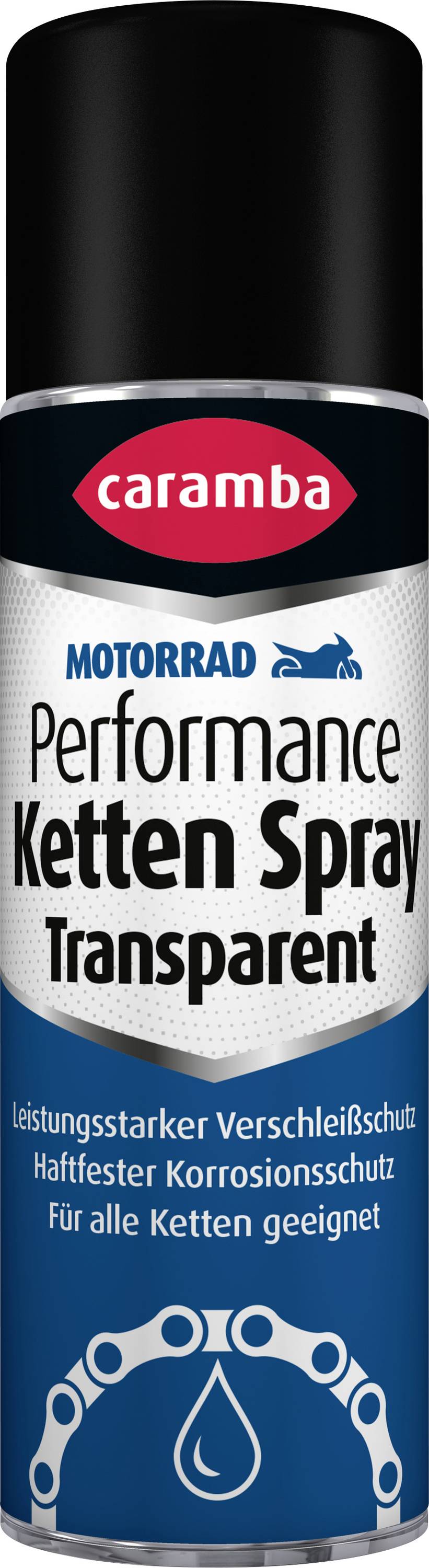 Une bombe de Caramba Motorrad Performance Ketten Spray Transparent, un lubrifiant pour chaîne transparent et un protecteur contre la corrosion pour toutes les chaînes.