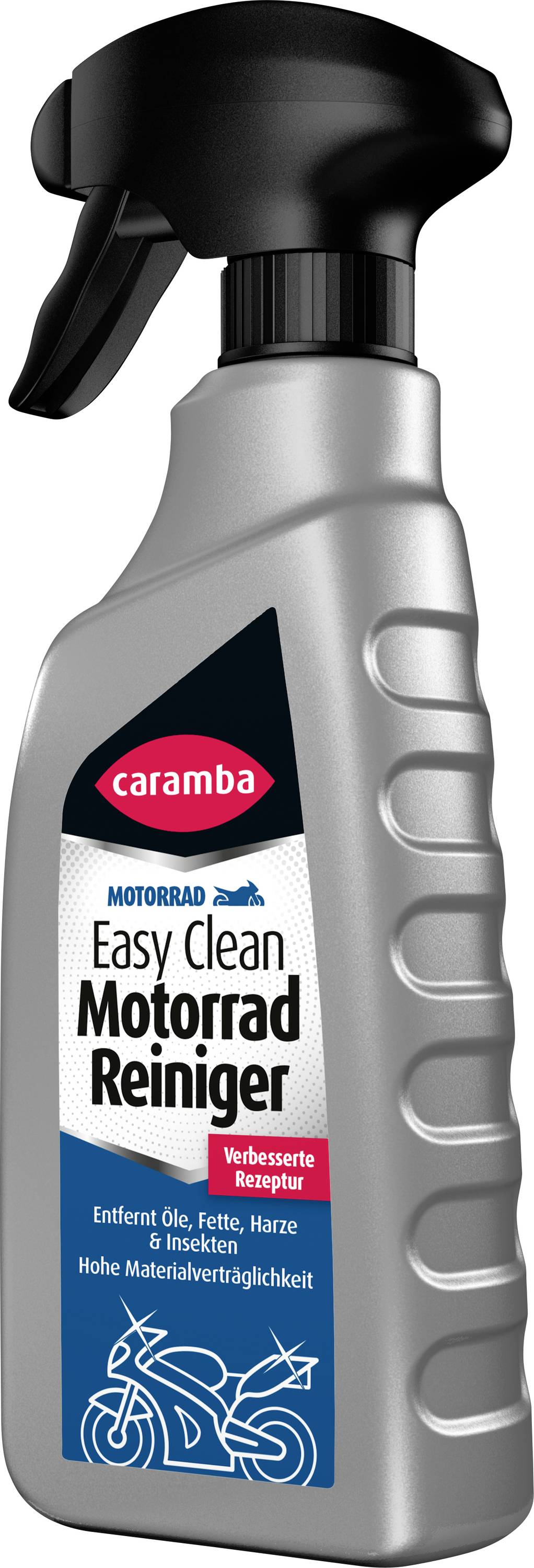 Un flacon pulvérisateur gris étiqueté « Easy Clean Motorrad Reiniger » pour le nettoyage des motos, avec un pulvérisateur à gâchette noire et une icône de moto bleue.