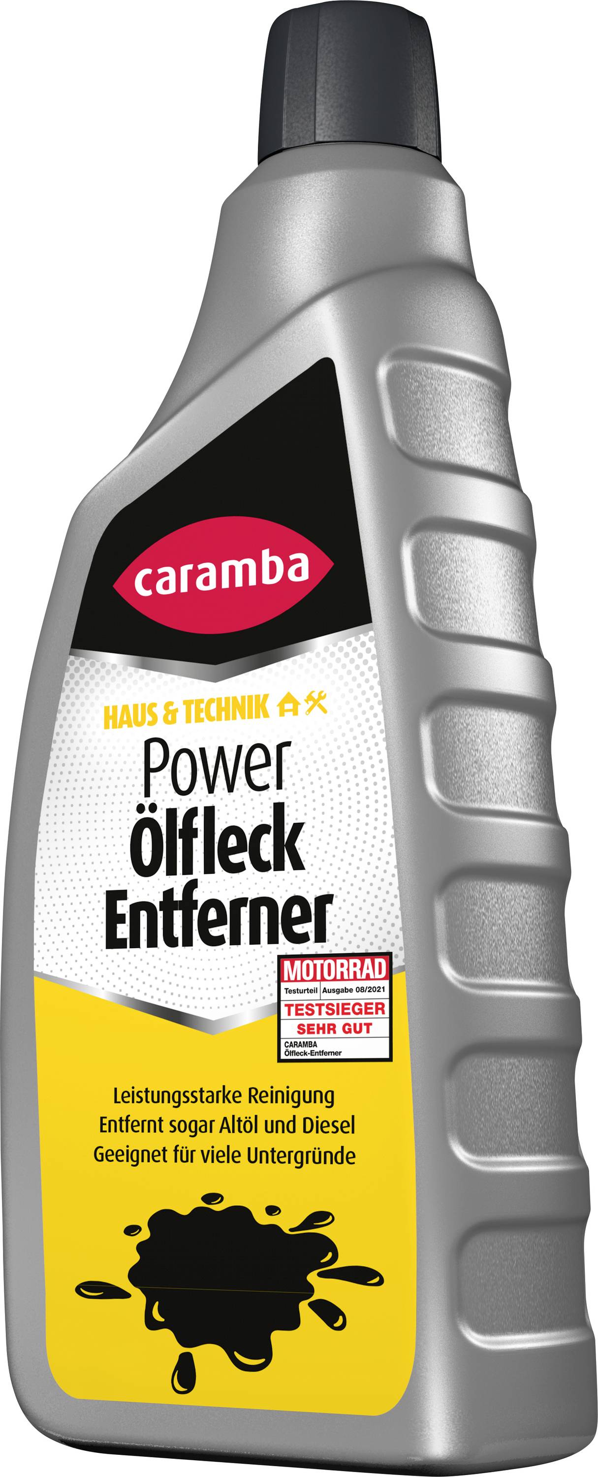 Bouteille d'additif pour huile moteur Caramba Power Oil Leak Remover, étiquetée pour un usage domestique et technique ; élimine les fuites d'huile et de diesel de nombreuses surfaces.