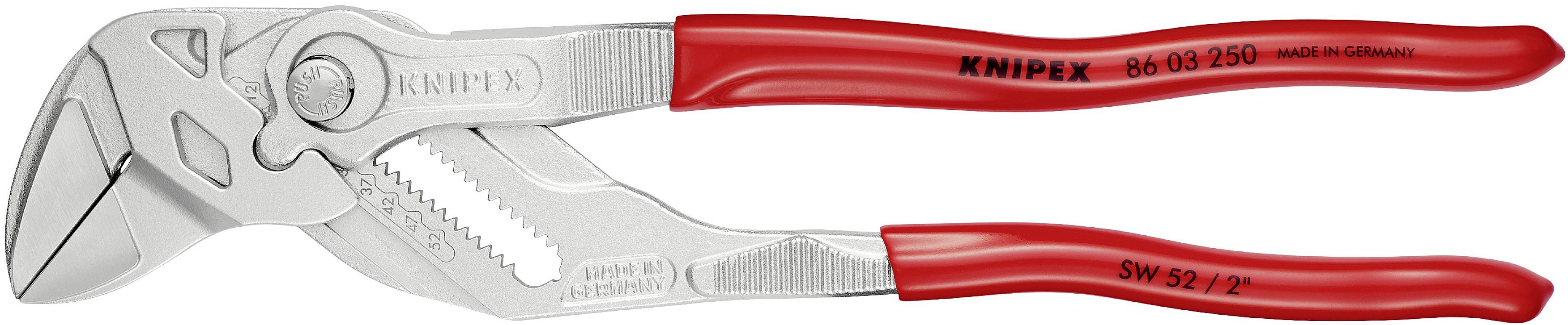 Pince-étau rouge à mâchoire réglable, adaptée à divers travaux d'atelier. Marque 'Knipex', numéro de modèle visible.