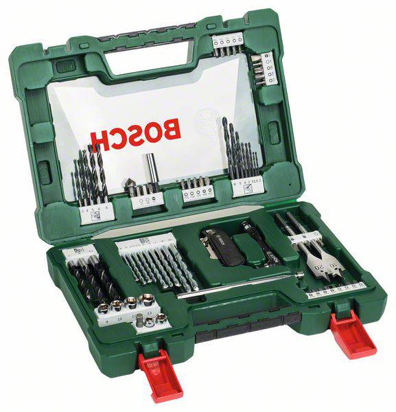 Valise verte avec le logo Bosch, contenant un ensemble de forets, embouts et accessoires pour travaux de bricolage.