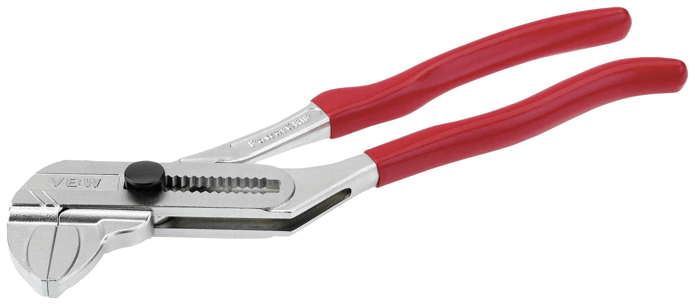 Une clé à molette réglable avec des poignées rouges sur un fond blanc, adaptée pour l'installation ou les travaux de réparation de tuyauterie.