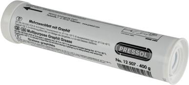 Cartouche de graisse multifonction 'PRESSOL' avec graphite, 400 g. Contient des instructions d'utilisation et des informations sur le fabricant sur l'emballage.