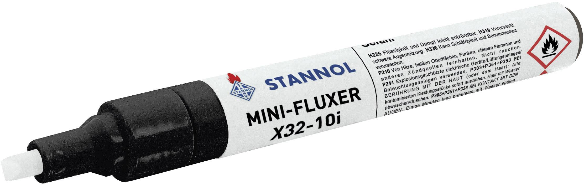 Stannol Mini-Fluxer X32-10i, un stylo de flux avec bouchon noir, destiné aux applications de soudure, portant des symboles de danger sur l'étiquette.