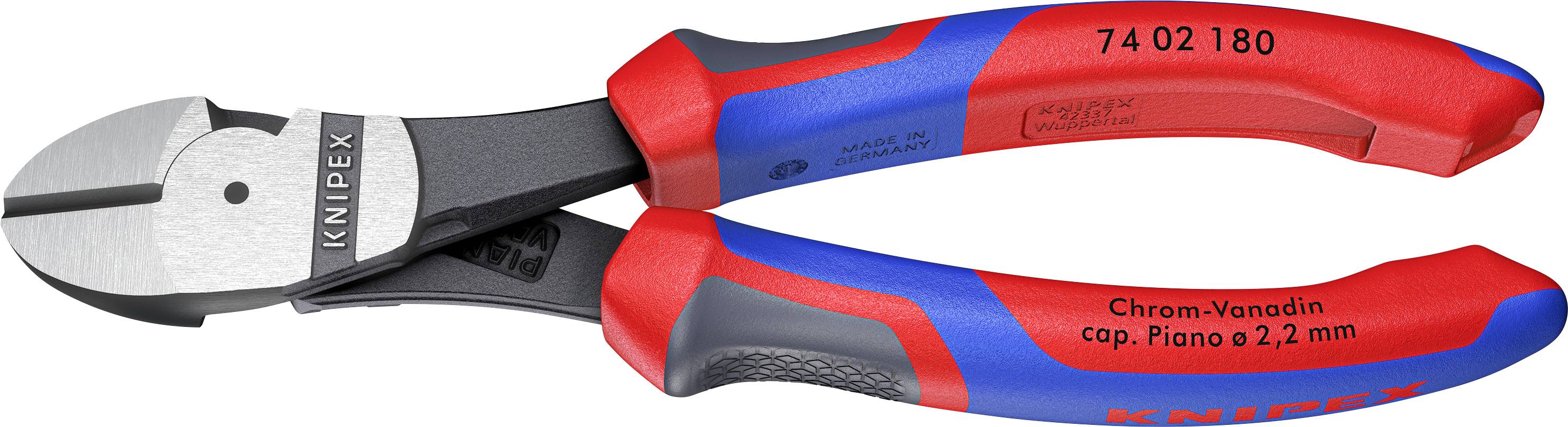 Coupe-câbles avec poignées rouge et bleue, fabriqués en chrome-vanadium, pour fils de piano jusqu'à 2,2 mm. Numéro de modèle sur la poignée.