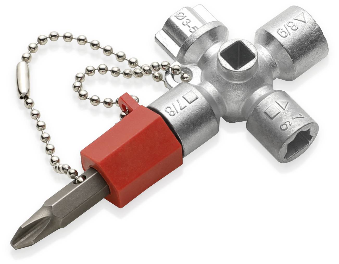 Clé cruciforme avec chaîne et adaptateur rouge. Quatre douilles de différentes tailles et tournevis cruciforme.