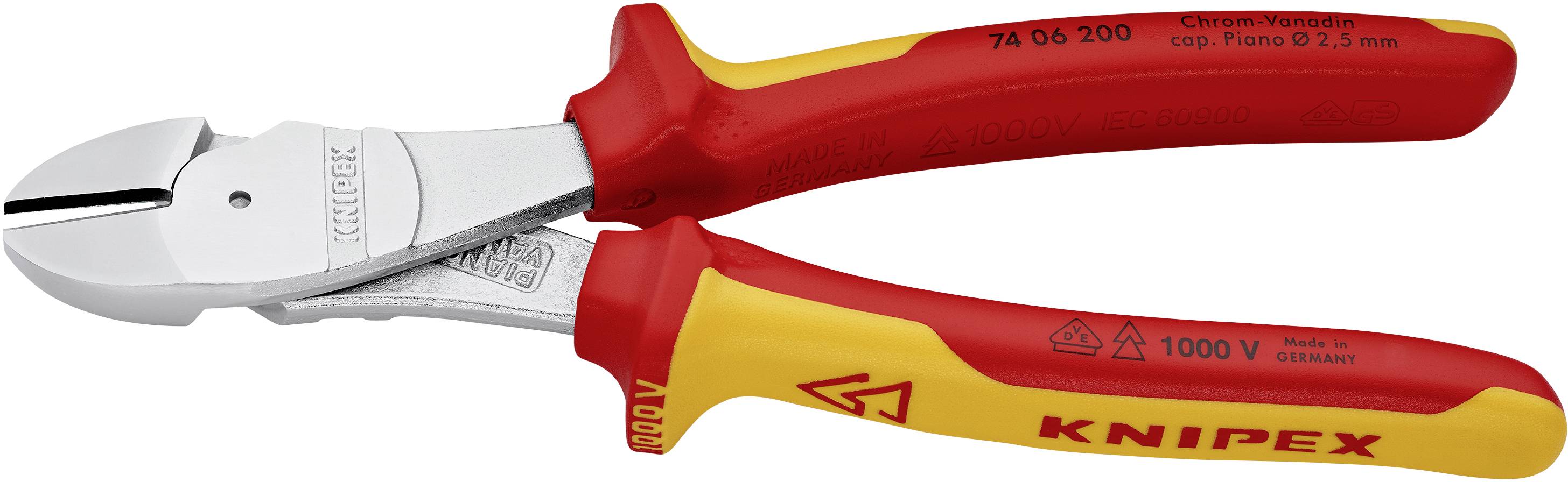 Pince coupante Knipex, design rouge et jaune, adaptée aux travaux jusqu'à 1000V, durable et ergonomique.