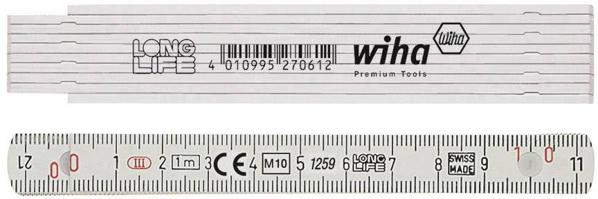 Règle pliante de la marque Wiha, 2 mètres, avec marquages en centimètres et millimètres. Contient les mentions 'LONG LIFE' et 'SWISS MADE'.