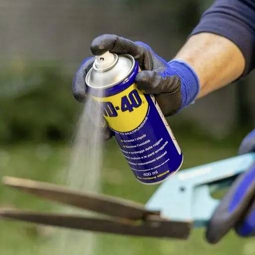 Une personne pulvérise de l'huile WD-40 sur une lame de sécateur rouillée et ouverte à l'extérieur. De l'herbe est visible en arrière-plan.