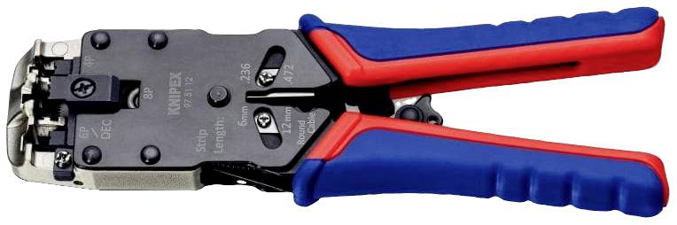Outil avec une poignée bleu et rouge, probablement une pince à sertir, utilisé pour connecter ou couper des câbles en technologie réseau.