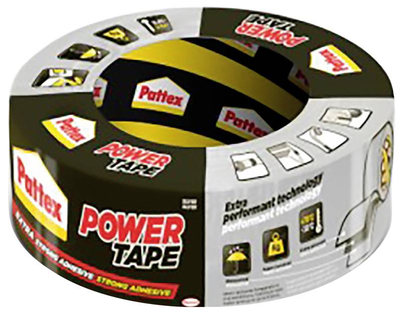 Rouleau de Pattex Power Tape avec technologie de performance avancée, présentant des propriétés adhésives puissantes. L'emballage affiche le logo et des icônes d'utilisation.