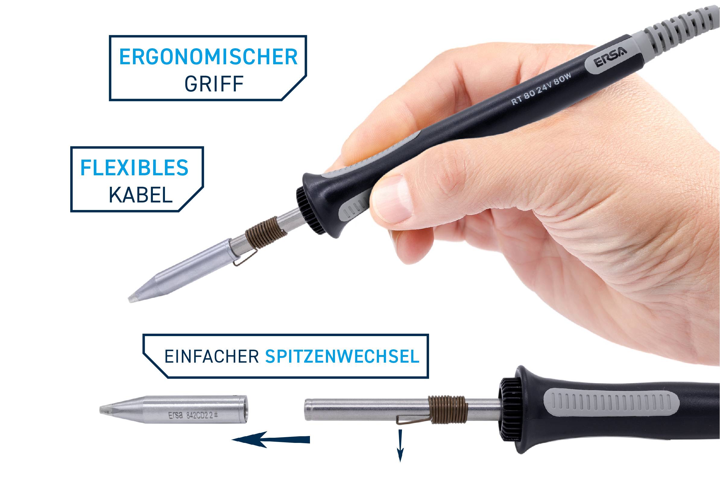 Une main tient un fer à souder avec une poignée ergonomique et un câble flexible. En dessous, on montre comment la pointe se change facilement.