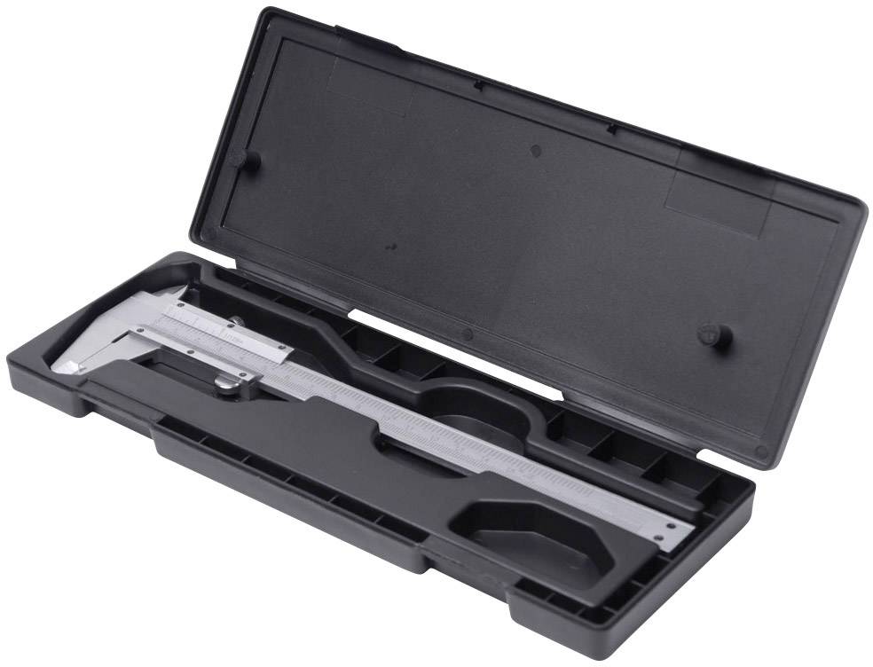 Un pied à coulisse numérique dans un étui noir en plastique, ouvert pour présenter l'outil à l'intérieur.