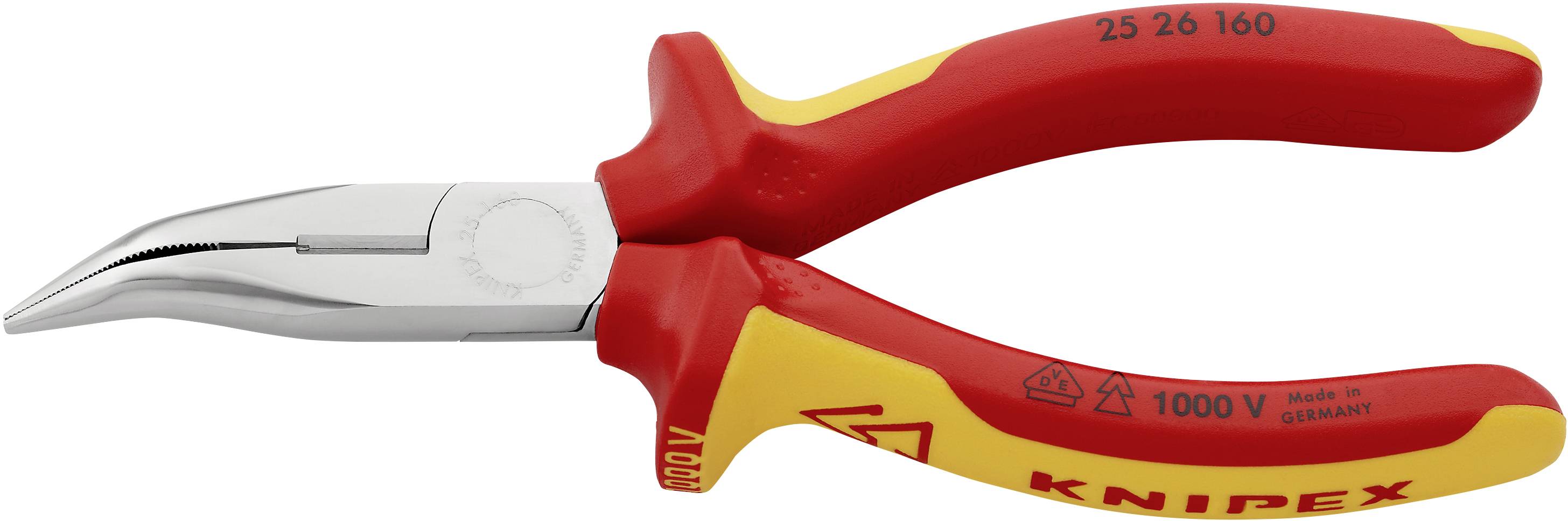 Une pince certifiée VDE avec des poignées isolées rouge et jaune et des mâchoires coudées, adaptée aux travaux jusqu'à 1000 volts.