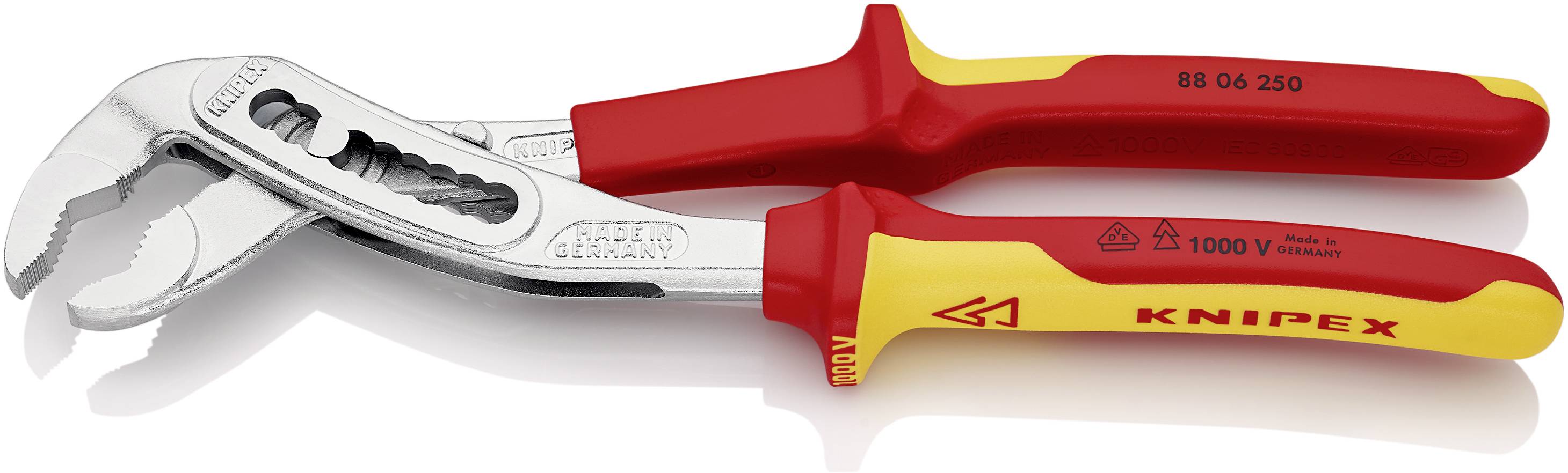 Une pince Knipex rouge et jaune avec des poignées isolées, conçue pour des travaux sous tension jusqu'à 1000 V.