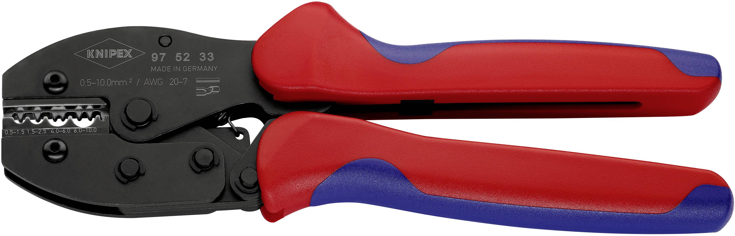 Pince à sertir avec poignée rouge et bleue, utilisée pour le sertissage de câbles ou de connecteurs ; outil en métal.