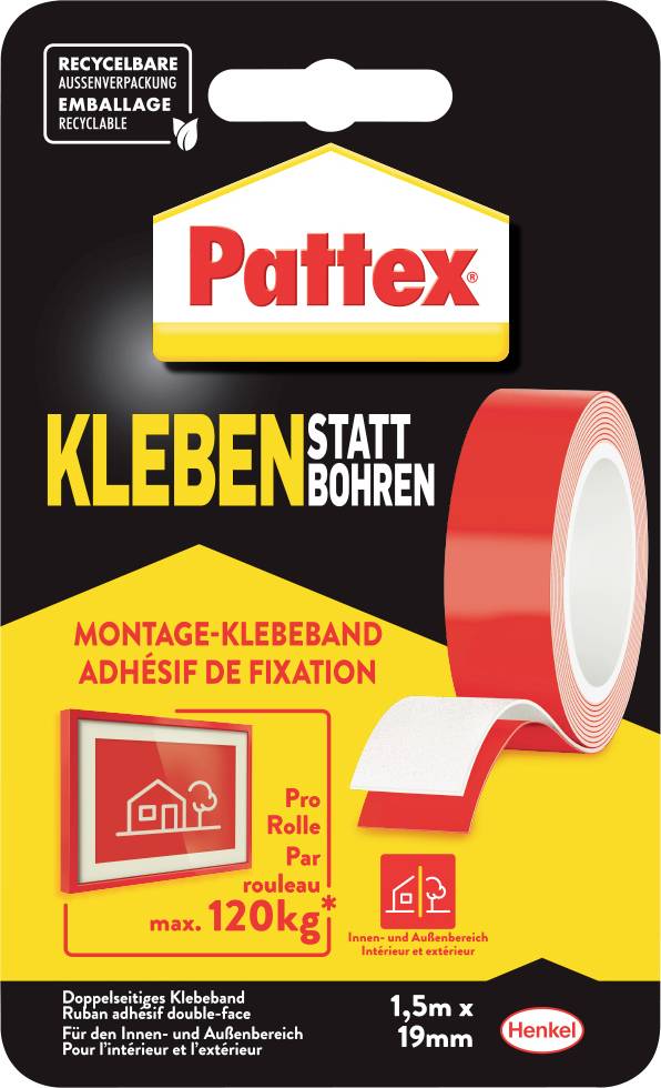 L'emballage du ruban adhésif 'Pattex' présente un rouleau rouge et met en avant une force de maintien de 120 kg, adapté aux tâches de montage et de fixation.
