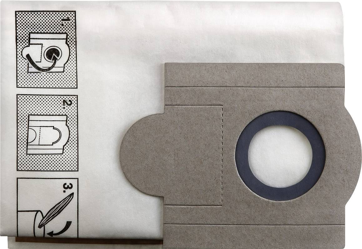 Sacs d'aspirateur avec ouverture de remplissage et illustrations d'instructions : Insérer le sac, fermer le filtre, fermer le couvercle de l'aspirateur.