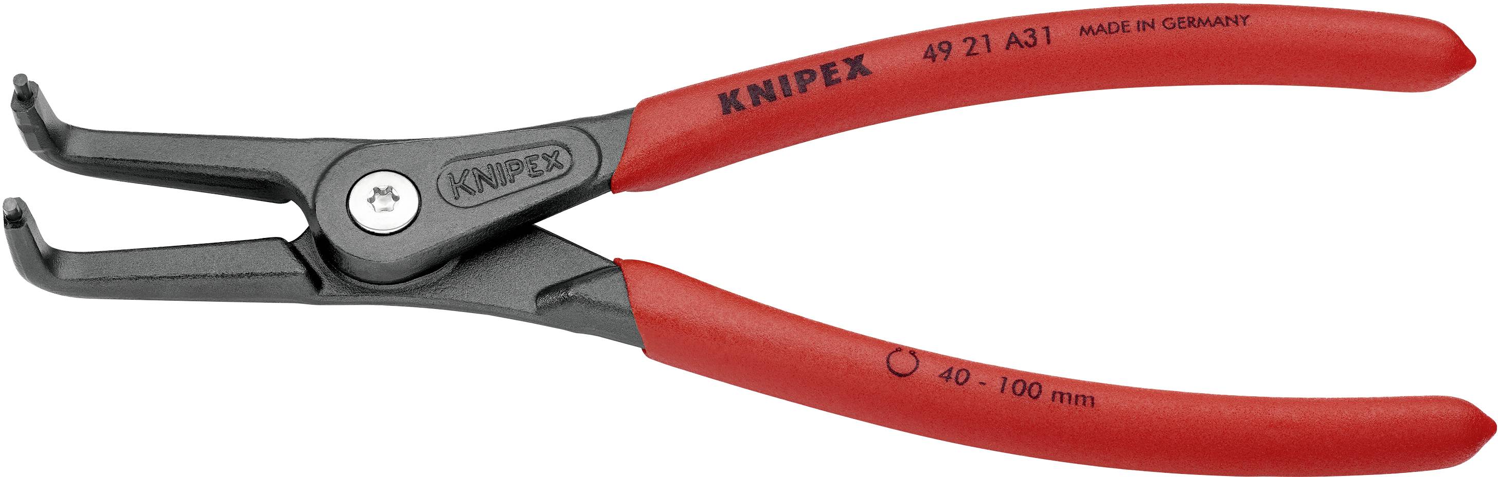 Pince à circlips intérieur rouge de la marque Knipex, modèle 49 21 A31, adaptée pour des diamètres de 40 à 100 mm.