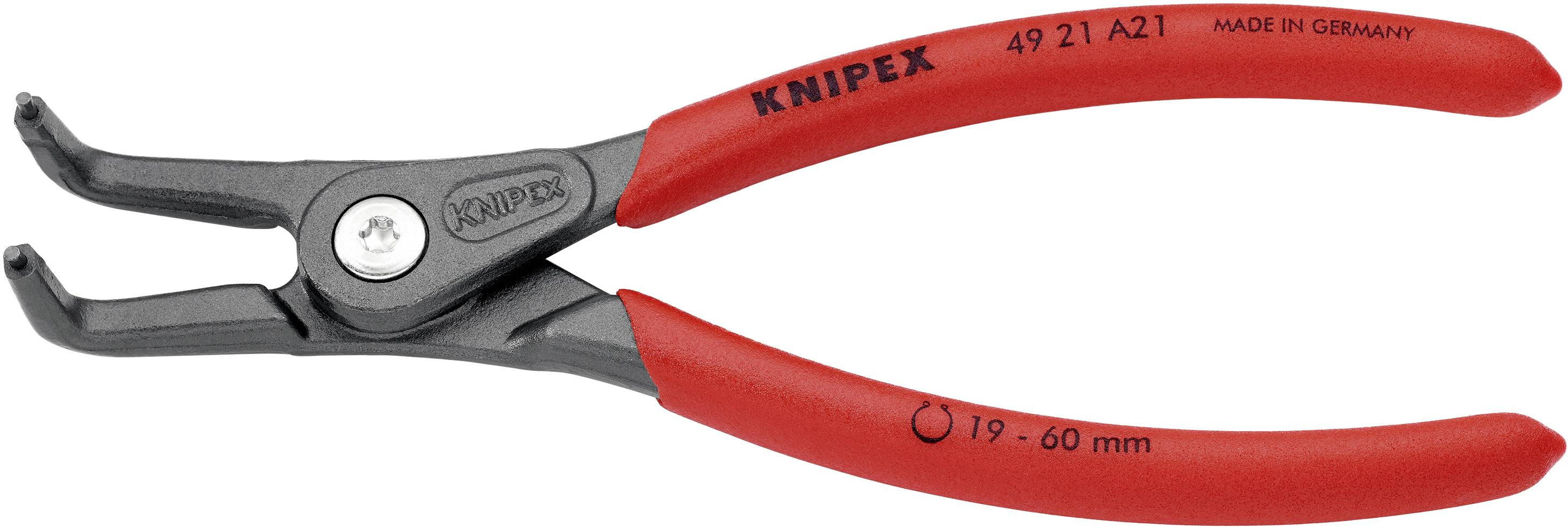 Pince à circlips rouge de la marque Knipex, adaptée pour des arbres de 19 à 60 mm, avec des mâchoires incurvées et tête noire.