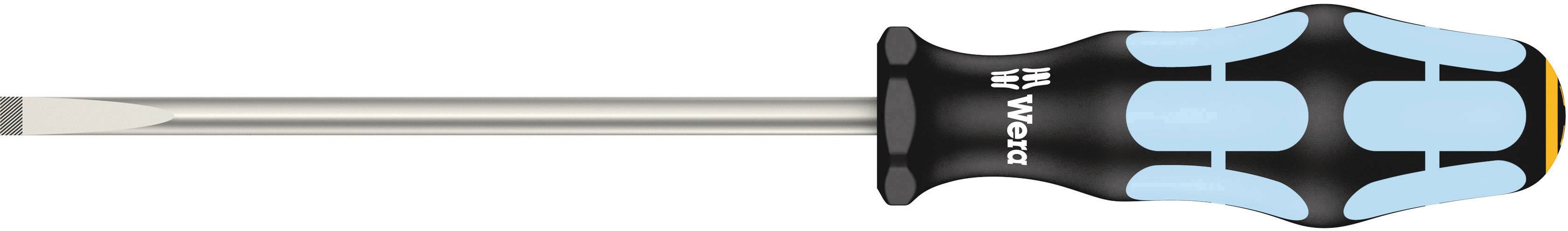 Tournevis à fente avec poignée ergonomique, nom de marque visible sur la poignée. Adapté à divers travaux de vissage.