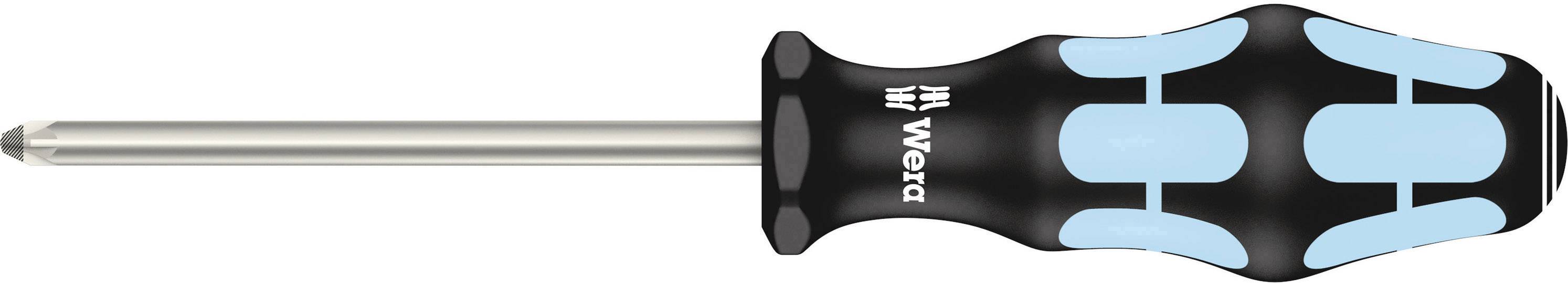 Un tournevis cruciforme avec une poignée ergonomique en matériau noir et bleu, posé sur le côté.