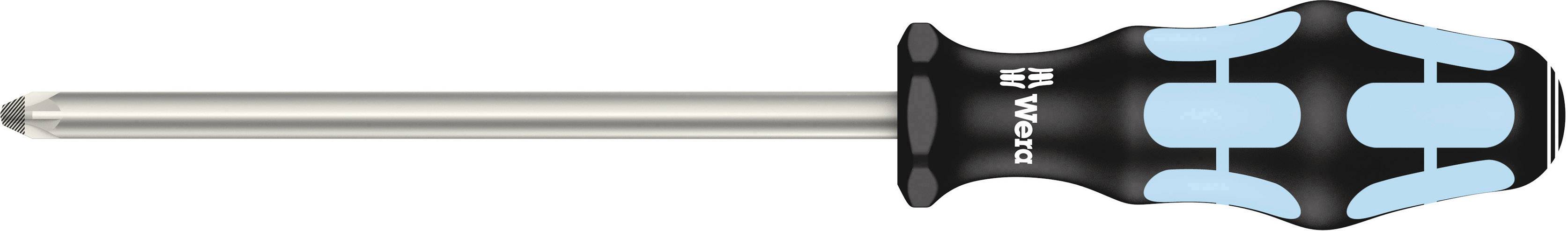 Tournevis cruciforme avec poignée ergonomique noir et bleu et embout métallique argenté.