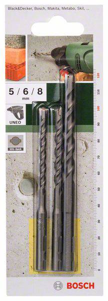 Trois forets de Bosch de dimensions 5, 6 et 8 mm, adaptés au béton, avec une image d'un foret et d'un marteau-perforateur en arrière-plan.