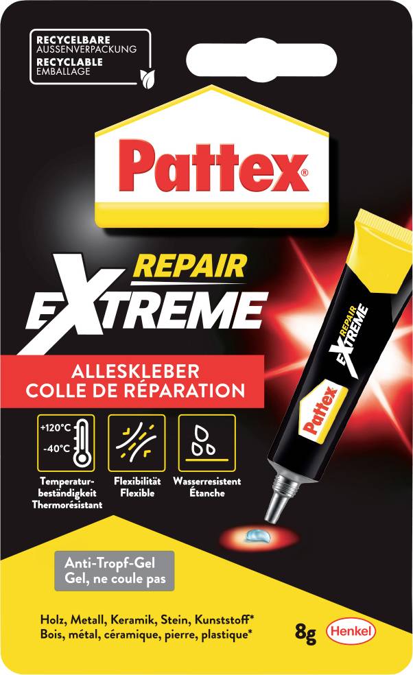 Paquet de colle Pattex Repair Extreme, adapté à divers matériaux, résiste aux températures de -40°C à 120°C, flexible et imperméable.
