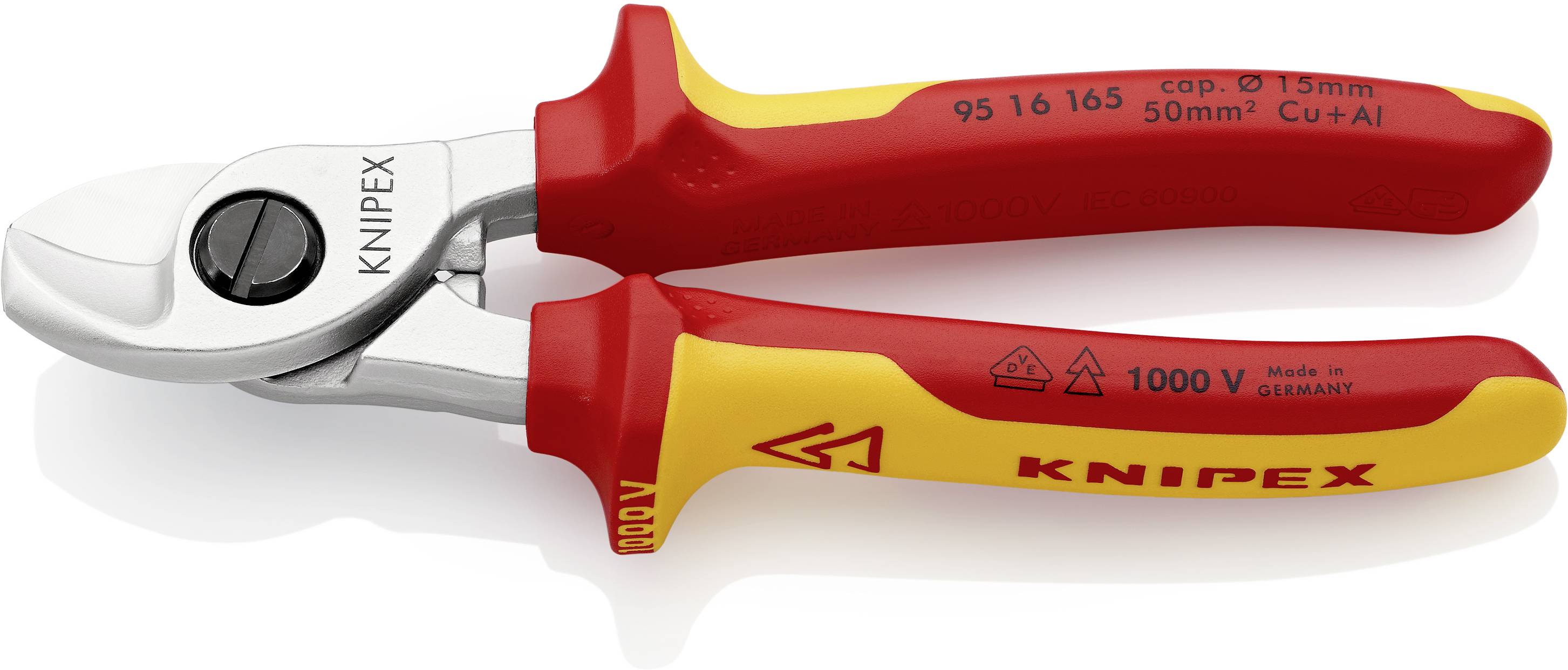 Coupe-câbles isolés Knipex à poignées rouge et jaune, adaptés aux travaux sur des pièces sous tension jusqu'à 1000 V.