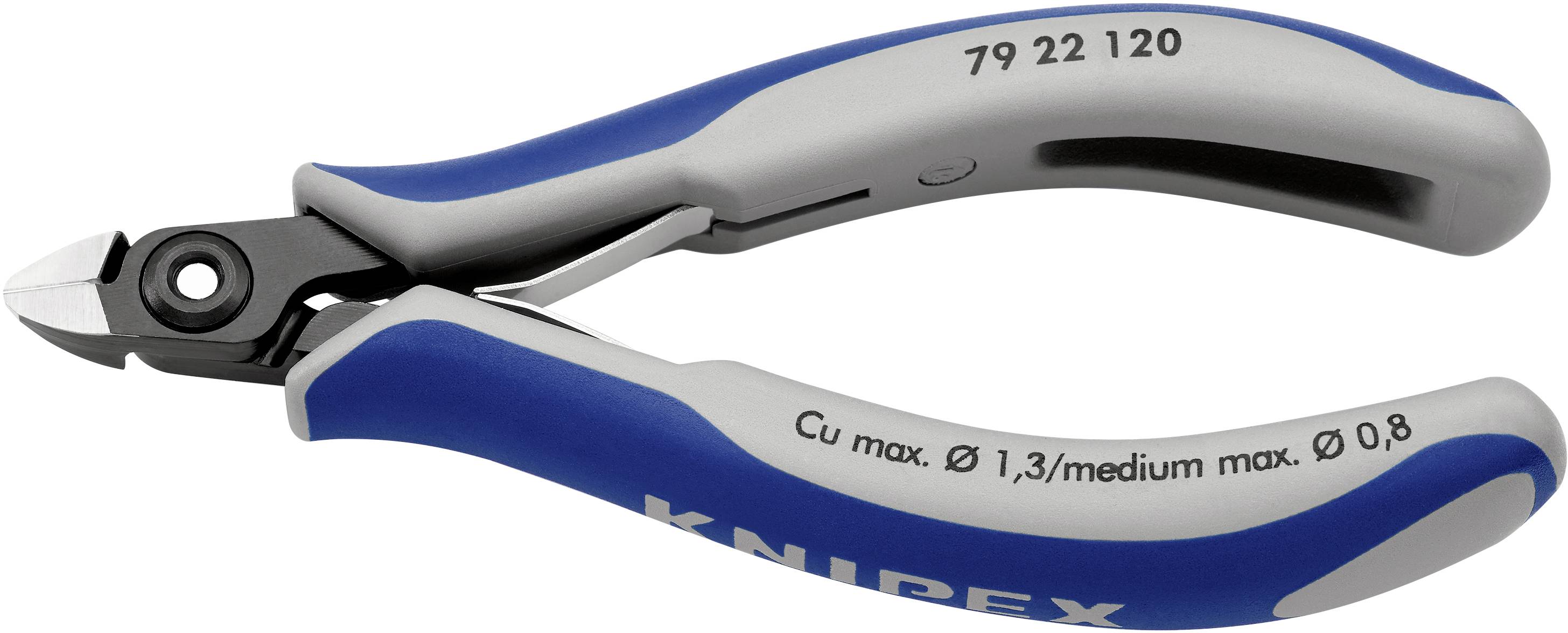 Pince coupante de côté avec poignées bleues et grises, adaptée pour des diamètres moyens de 0,8 mm, épaisseur maximale de fil de cuivre de 1,3 mm.