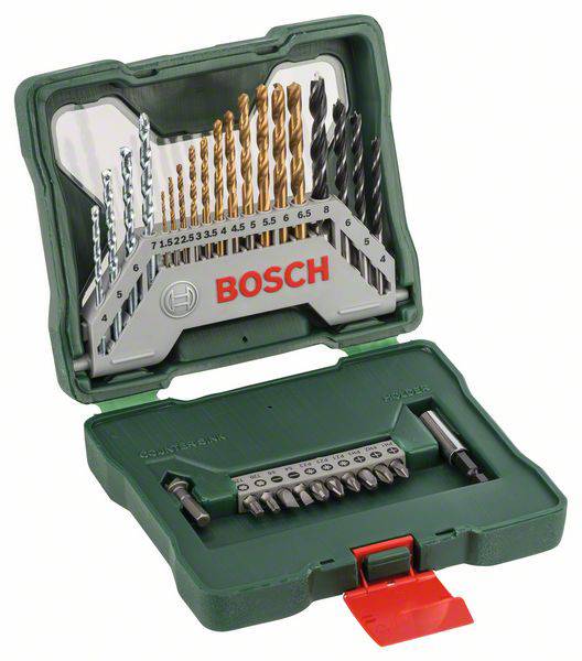 Valise verte avec logo 'Bosch', contenant des embouts de perceuse et de tournevis. Différentes tailles et types sont rangés de manière organisée.