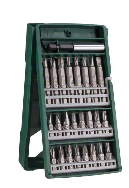 Coffret de embouts de tournevis dans un étui vert. Contient divers embouts pour différents types de vis.