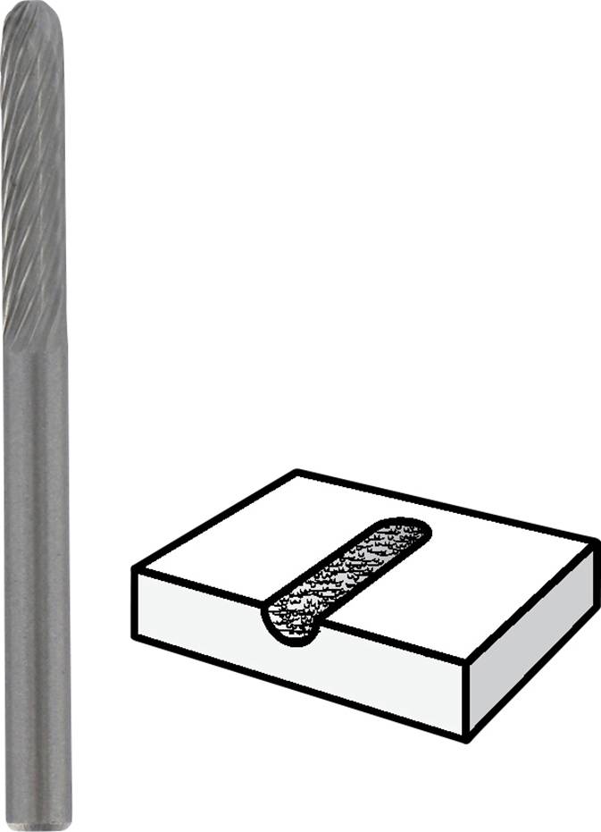 Fraise à denture longitudinale pour l'usinage des métaux à côté d'une représentation schématique du résultat de fraisage sur un bloc rectangulaire.