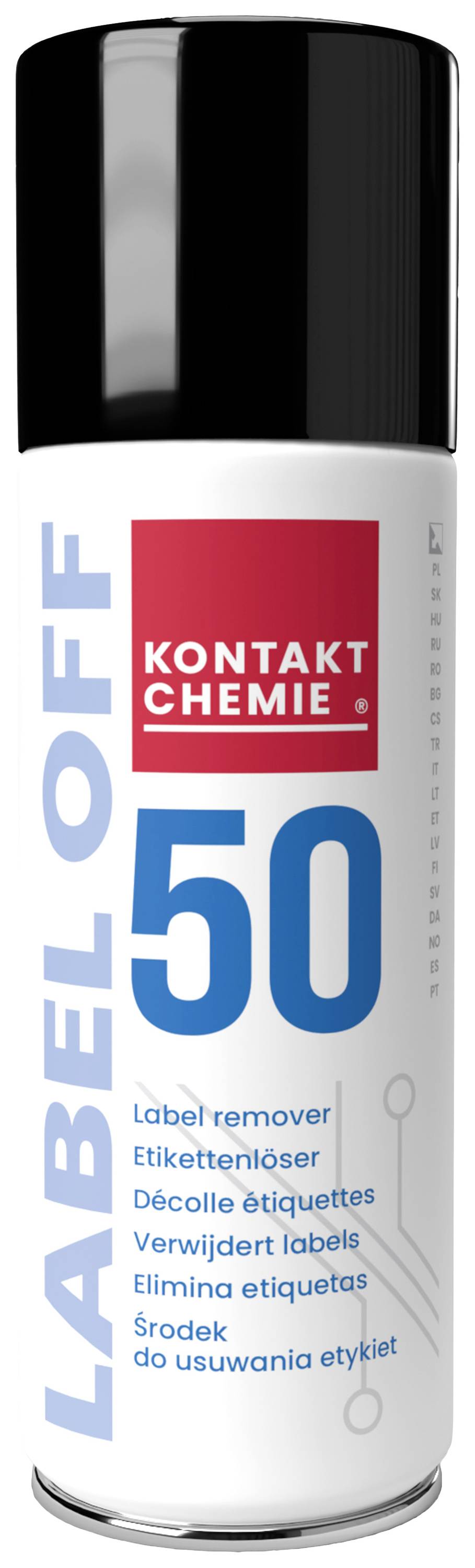 Bombe aérosol portant l'inscription 'LABEL OFF 50', un dissolvant d'étiquettes de Kontakt Chemie.