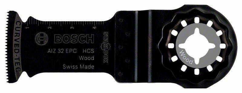 Lame de scie multifonction avec inscription 'BOSCH AIZ 32 EPC', adaptée aux travaux sur bois, fabriquée en Suisse.