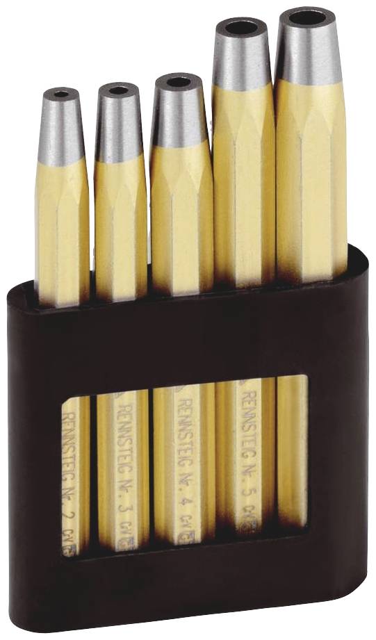 Un ensemble de six grains dorés de différentes tailles dans un support noir. Adapté pour les marquages métalliques de précision.