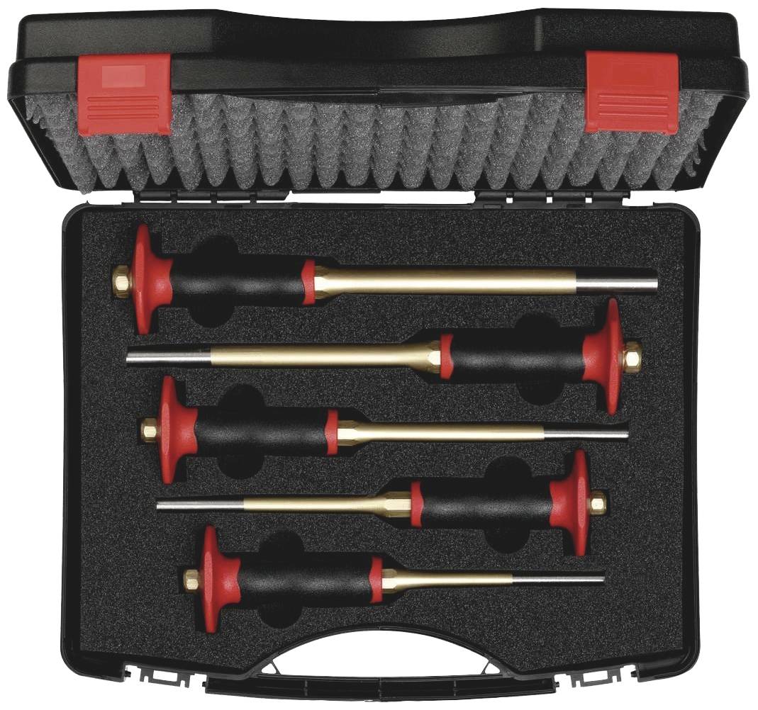 Ensemble de cinq tournevis de précision à poignées rouges dans un coffret à outils noir.
