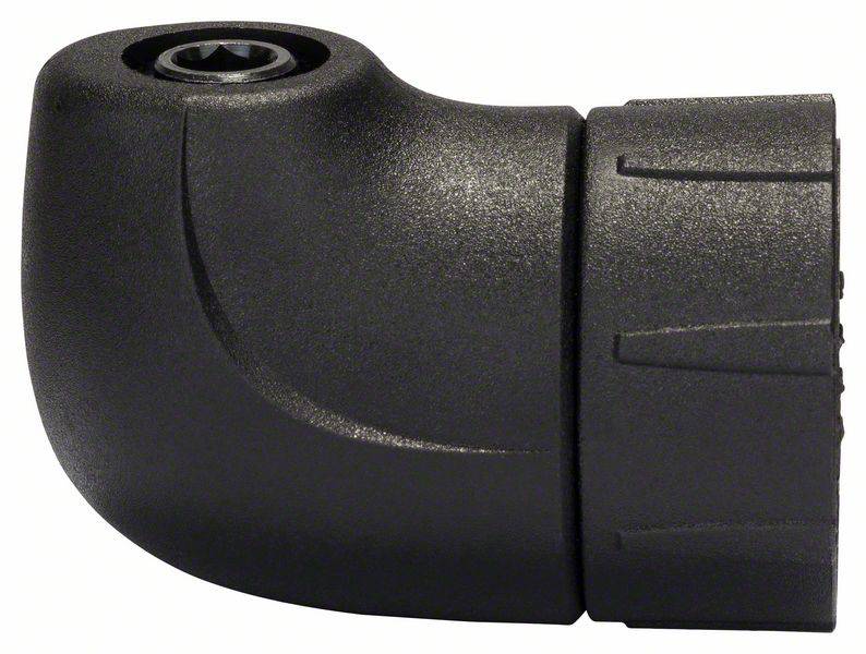 Adaptateur ou raccord noir coudé avec bague moletée et connexion par vis. Matériau plastique.